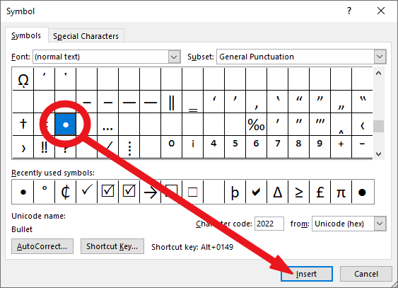 bullet point shortcut in word for mac